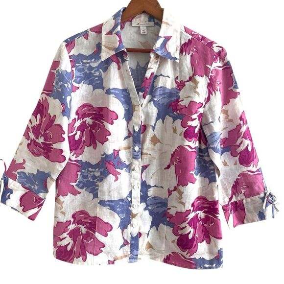 Vintage JM Collection Linen Floral Top Size 8 Purple Pink Cottagecore Romantic - Picture 1 of 10